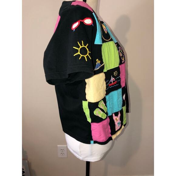 Michael Simon Size M Shirt Embroidered Patchwork Color Block Summer Beach Black - Picture 3 of 7